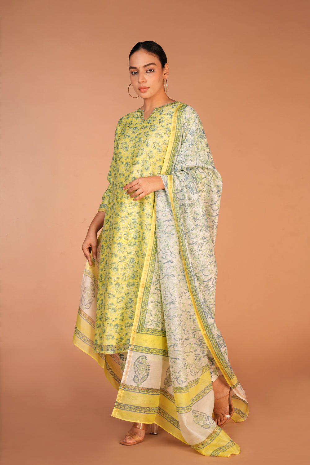 Image of Lemon yellow Chanderi handblock printed Kurta set